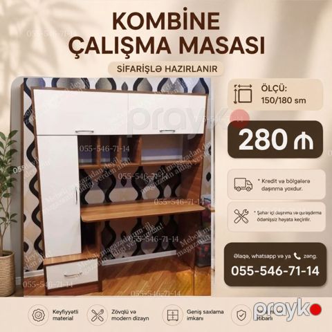 Kombinə iş masası – sifarişlə hazırlanır Ölçü: 150/180 sm — Bakı