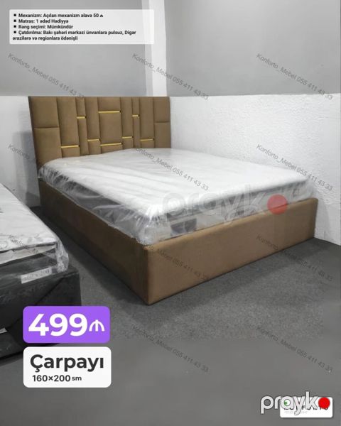 Çarpayı – 160×200 sm - Başlıq hissəsi dekorativ panelli, yumşaq — Bakı