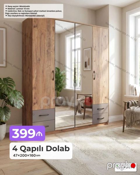4 qapılı dolab – 47×200×160 sm - Material: laminat 18 mm - Rəng — Bakı