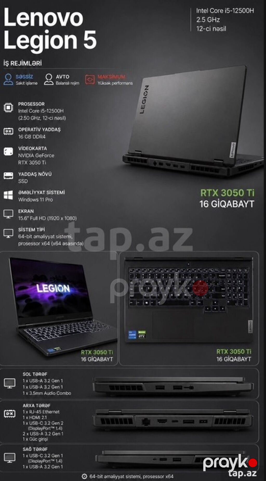 İşlənmiş Lenovo Legion, 15.6 Intel Core i5, 512 GB, Ünvandan götürmə — Lenovo, Saray (3)