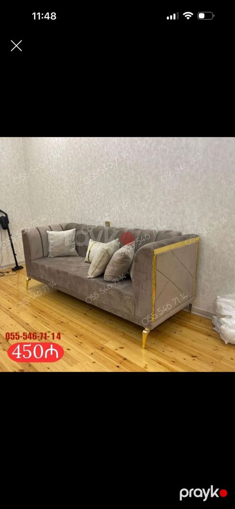 Mebel: 3 nəfərlik sofa - Rəng: boz/boz-bej (velür tipli yumşaq parça) — Bakı