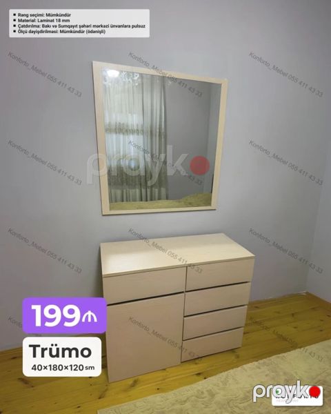 Trümo dəstı – güzgü və çəkməcəli komod - Ölçü: 40×180×120 sm (şəkildə — Bakı