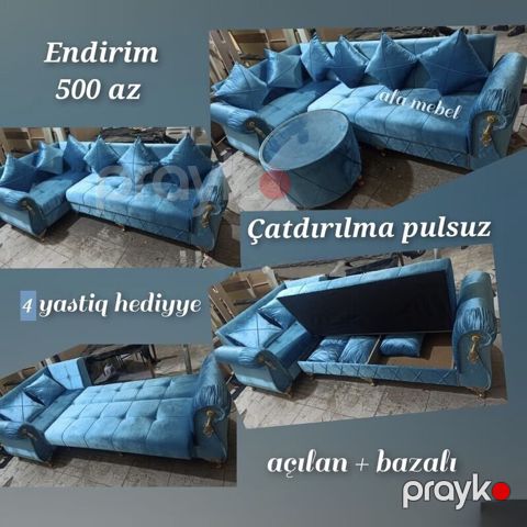 Mavi məxməri künc divan dəsti - Açılan mexanizm: rahatlıqla yataq — Bakı