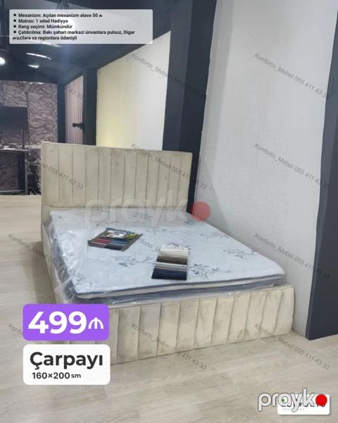 Çarpayı – 160×200 sm - Yumşaq upholstered başlıq və baza - Açılan — Bakı