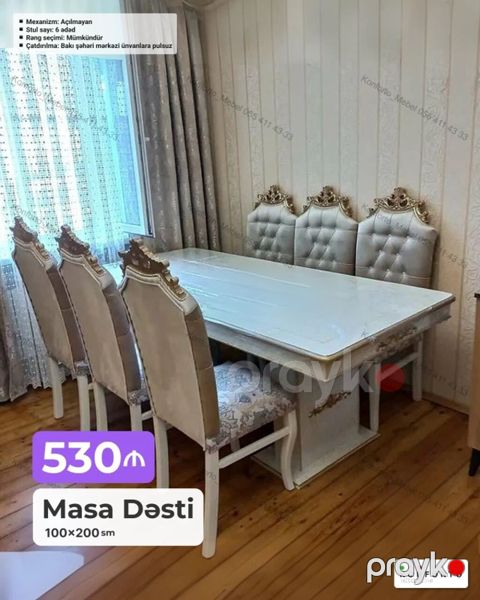 Masa Dəsti – 100×200 sm - Klassik üslubda, dekorativ oyma elementləri — Bakı