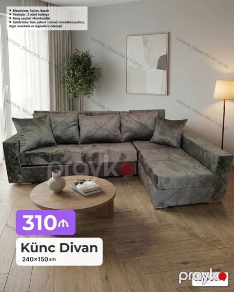 Künc Divan — 240×150 sm - Mexanizm: açılan, bazalı (yataq funksiyalı — Bakı