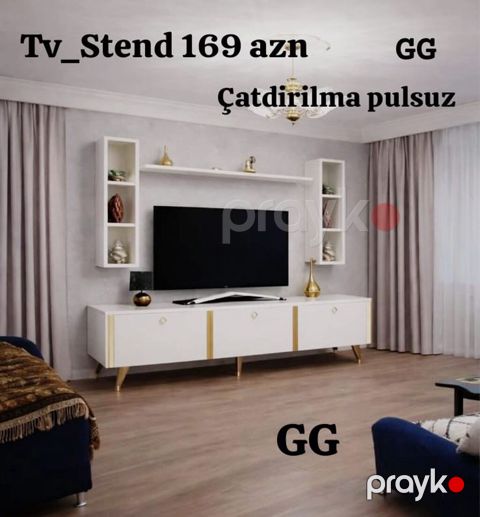 TV stend dəsti – müasir minimal dizayn - Rəng: ağ, qızılı dekor — Bakı