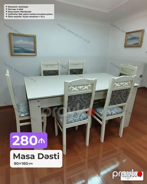 Masa dəsti – 90×160 sm Tərkib: - 1 ədəd düzbucaqlı masa - 6 ədəd stul — Bakı