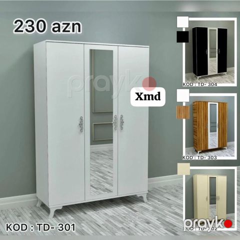 Üç qapılı geyim dolabı – KOD: TD-301 - Ön hissədə tam ölçülü güzgü — Mehdiabad
