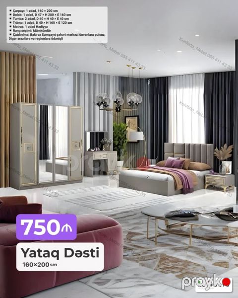 Yataq Dəsti – 160×200 sm (Qiymət: 750) Komplekt: - Çarpayı: 1 ədəd — Bakı