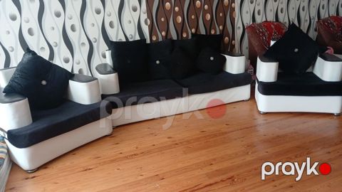 Qara-ağ rəngli dəri/parça kombinasiyalı yumşaq mebel dəsti - Dəst: 3 — Bakı