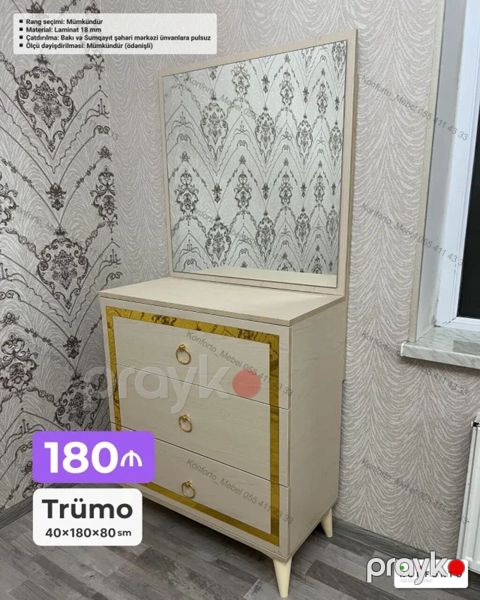 Trümo – 40×180×80 sm - Geniş güzgülü komod: 3 çekməce, qızılı dekor — Bakı