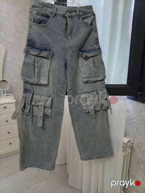 Yük cibləri olan denim şalvar - Material: qalın denim (jeans) - Rəng — Bakı
