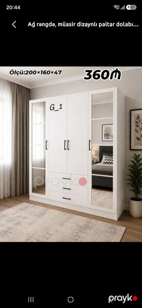 Ağ rəngdə, müasir dizaynlı paltar dolabı Ölçü: 200 160 47 sm — Mehdiabad