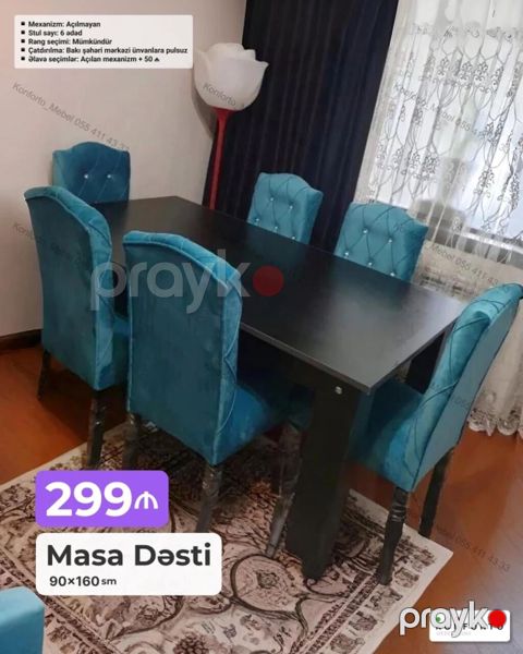 Məhsul: Masa Dəsti Ölçü: 90×160 sm Komplekt: 1 masa + 6 stul — Bakı