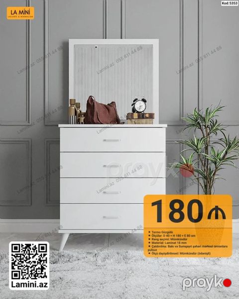 Ağ rəngli minimalist komod və termo güzgü dəsti - Dizayn: Lakonik və — Bakı