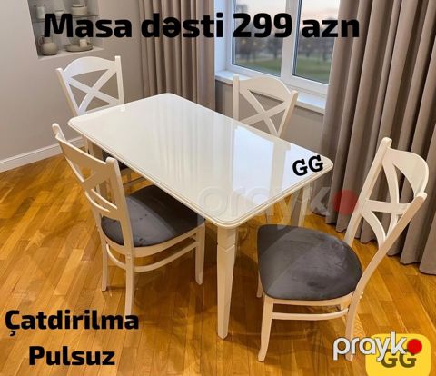 Ağ rəngli yemək otağı masa dəsti – 1 masa + 4 stul. - Masa: parlaq — Mehdiabad