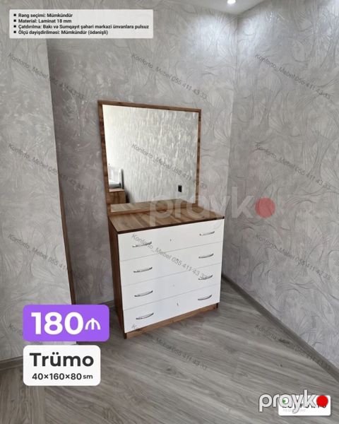 Trümo – 40×160×80 sm - Geniş güzgülü trümo, 4 çekməcəli. - Material — Bakı