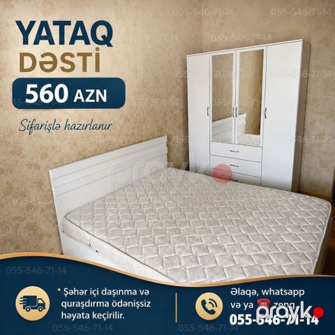 Yataq dəsti – 560 AZN Sifarişlə hazırlanır. Ağ rəngdə müasir dizayn — Bakı