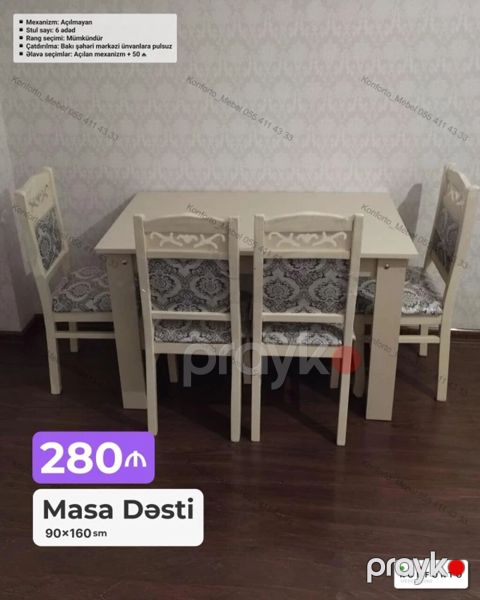 Məhsul: Masa Dəsti - Ölçü: 90 160 sm - Komplekt: 1 masa + 6 ədəd — Bakı