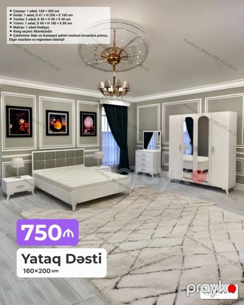 Yataq Dəsti – 160×200 sm Komplekt: - Çarpayı: 1 ədəd, 160×200 sm — Bakı