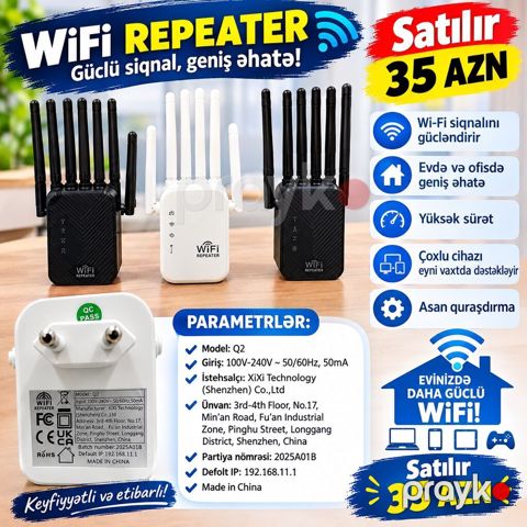 WiFi Repeater – güclü siqnal, geniş əhatə Xüsusiyyətlər: - Wi‑Fi — Bakı