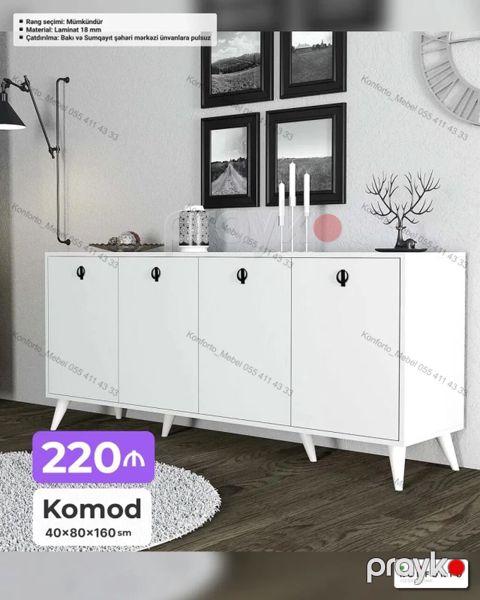 Ağ rəngli komod – minimal dizayn, 4 qapılı geniş saxlama. Ölçü — Bakı
