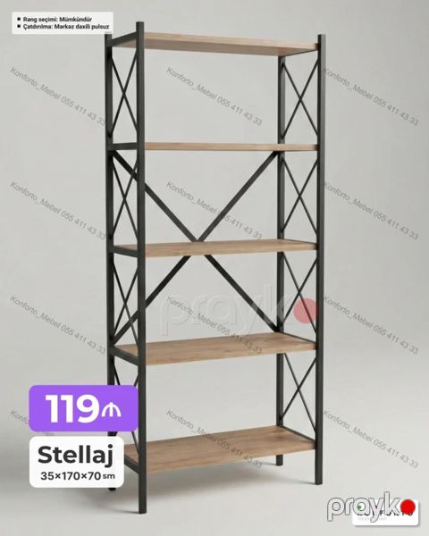 Stellaj – 35×170×70 sm - Minimalist, loft tərzində açıq rəf sistemi — Bakı