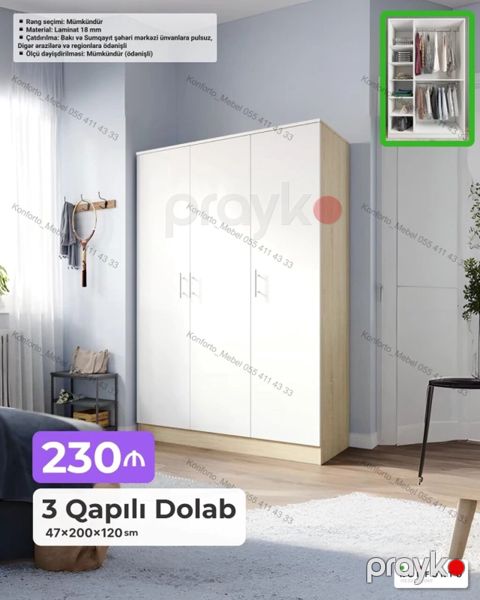 3 qapılı geyim dolabı Ölçü: 47 200 120 sm Xüsusiyyətlər — Bakı