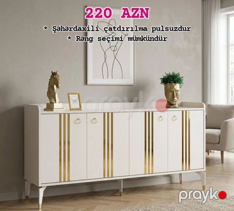 Ağ rəngli, qızılı zolaqlı modern servis dolabı/bufet. Düz xətli — Mehdiabad