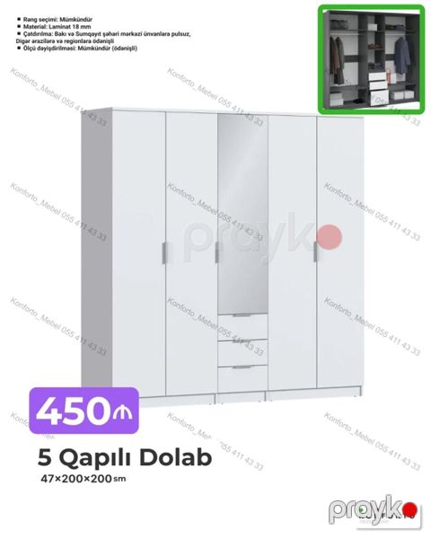 5 qapılı geyim dolabı – 47×200×200 sm Material: 18 mm laminat — Bakı