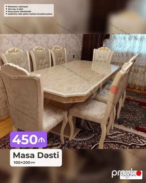 Masa Dəsti – 100×200 sm - Klassik üslubda, mərmər fakturalı üstlü — Bakı