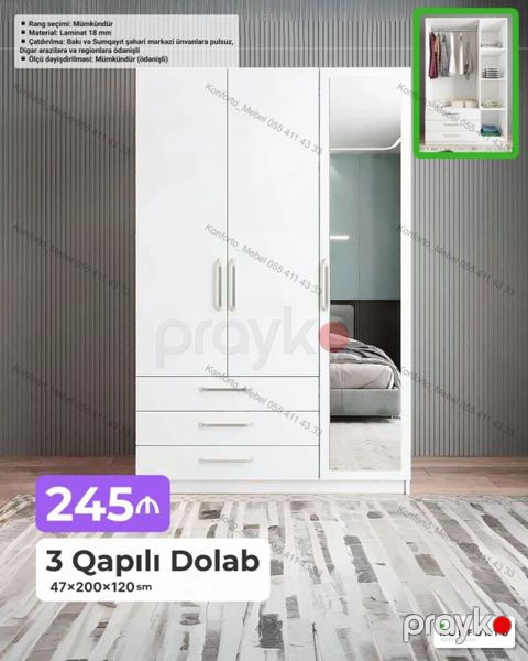 3 qapılı garderob – 47×200×120 sm Xüsusiyyətlər: - Material: 18 mm — Bakı