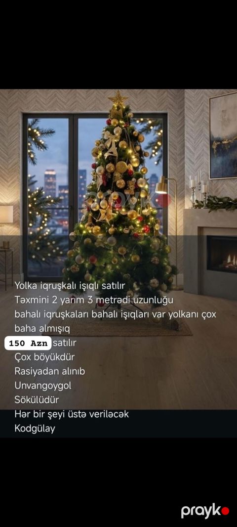 İşıqlı, bəzəkli yolka satılır. - Uzunluğu təxminən 2.5–3 metr — Gəncə