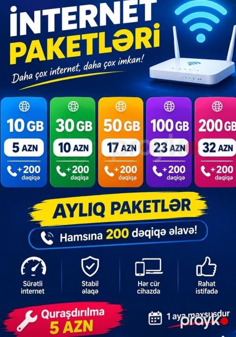 İnternet paketləri – aylıq GB seçimləri və qiymətlər: - 10 GB – 5 AZN — Bakı