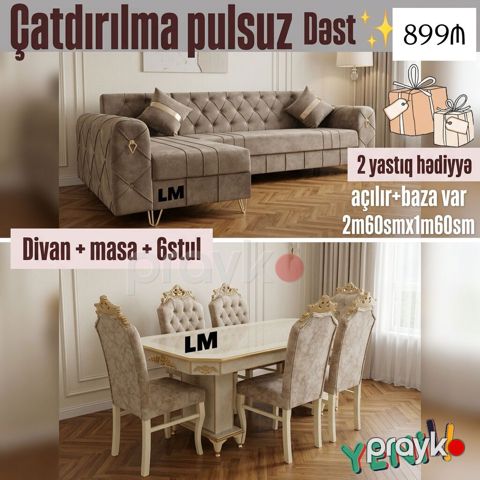 Divan + Masa dəsti Sifarişlə hazırlanır. Dəst şəkildə 899₼ — Bakı