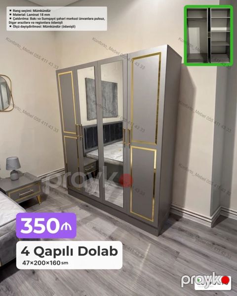 4 qapılı geyim dolabı – 47×200×160 sm - Rəng seçimi: mümkündür — Bakı