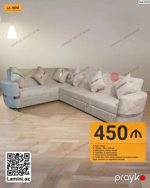 Künc divan – Kod: 5935 - Ölçülər: 280 200 sm - Mexanizm: Açılan — Bakı