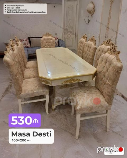 Masa dəsti – klassik üslub - Ölçü: masa 100×200 sm - Komplekt: 6 ədəd — Bakı