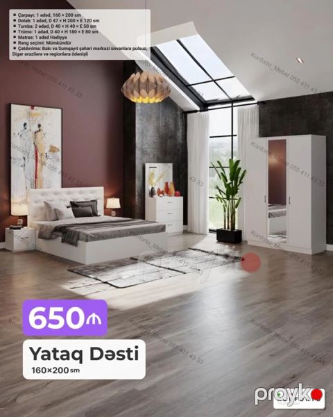 Yataq Dəsti – 160×200 sm Komplektə daxildir: - Çarpayı: 1 ədəd, 160 — Bakı