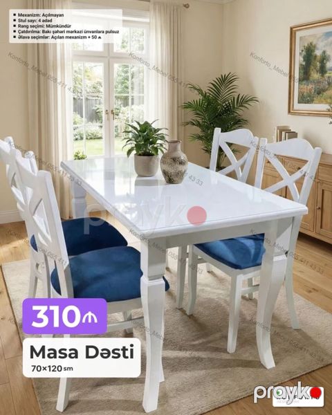 Məhsul: Masa Dəsti Tərkib: - 1 ədəd masa (70×120 sm) - 4 ədəd stul — Bakı