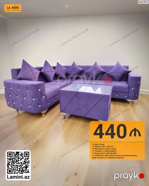 Bənövşəyi künc divan dəsti - Ölçü: 280 200 sm - Mexanizm: Açılan — Bakı