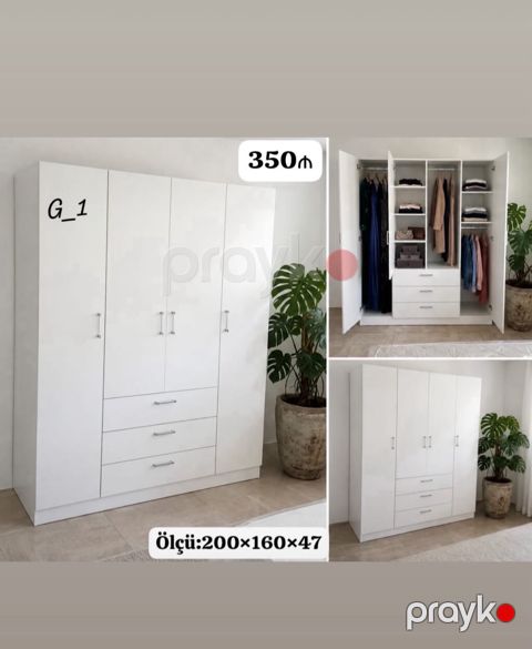 Ağ rəngdə 4 qapılı paltar dolabı – model G_1. Düz xətli, minimal — Mehdiabad