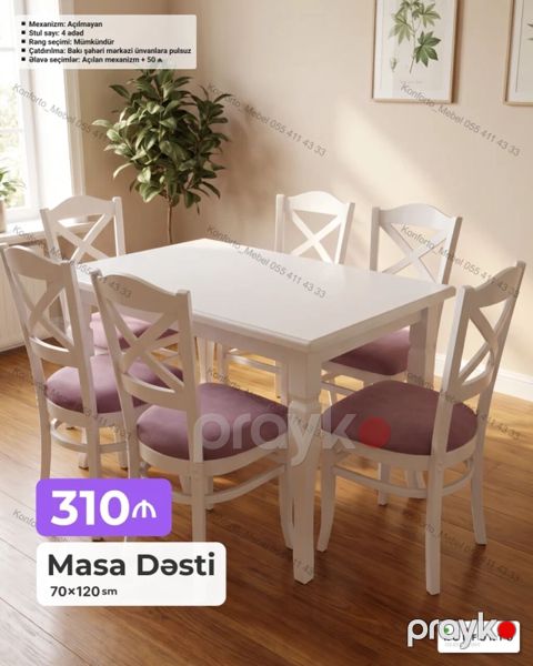 Masa Dəsti – 70×120 sm - Masa mexanizmi: Açılmayan - Stul sayı: 4 — Bakı