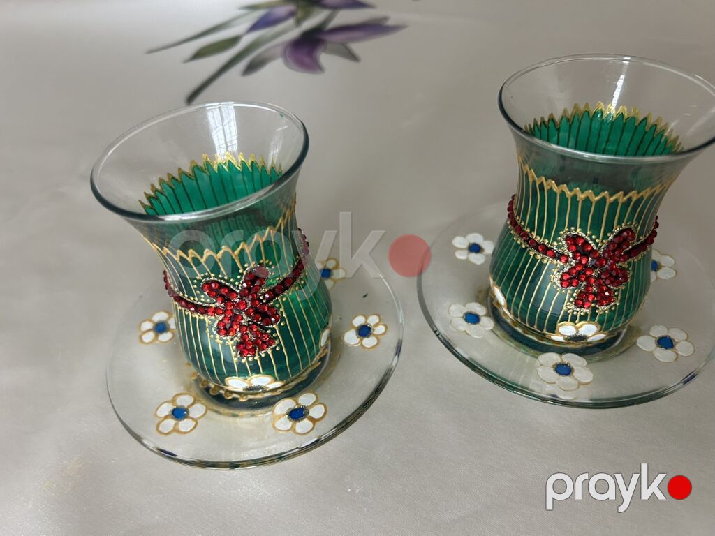 Çay dəsti, rəng - Yaşıl, Şüşə, 2 nəfərlik — Süfrə qabı, Bakı (3)