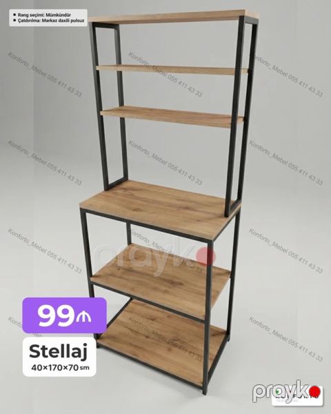 Stellaj – 40×170×70 sm - Material: metalkarkas + taxta dekorlu rəflər — Bakı