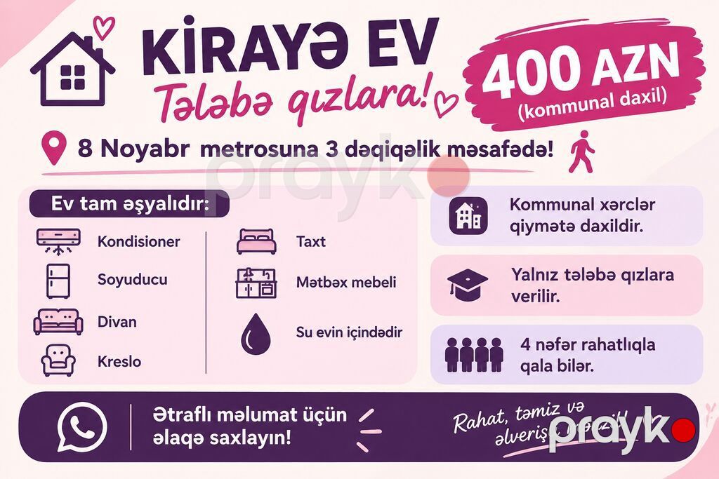 Kirayə ev – yalnız tələbə qızlara Yerləşmə: - 8 Noyabr metrosuna 3 — Ev, villa, Bakı