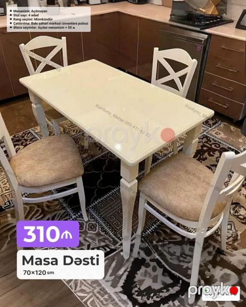 Masa dəsti – 70×120 sm Komplekt: 1 masa + 4 ədəd stul Mexanizm — Bakı