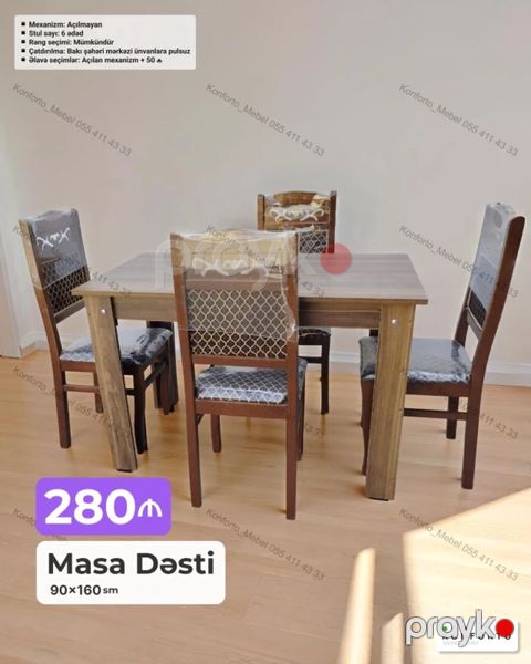 Masa Dəsti – 90×160 sm - Mexanizm: Açıqlmayan (sabit) - Stul sayı: 6 — Bakı