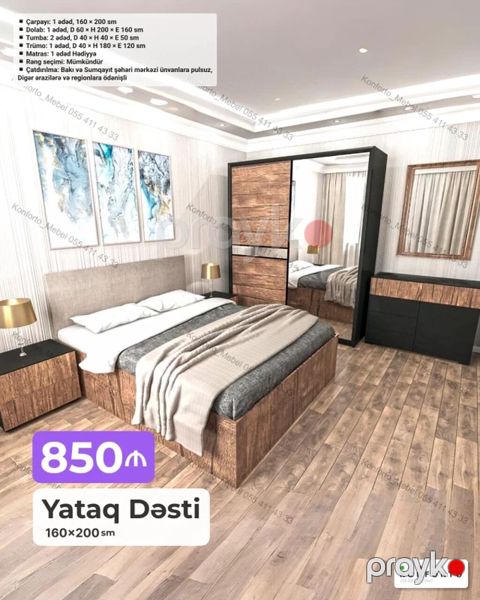 Yataq Dəsti – 160×200 sm Modern dizaynlı, ağac teksturalı-qara — Bakı
